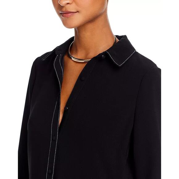 Cinq a Sept Gaby Tie Waist Topstitched Crepe Mini Dress Black Long Sleeve 0 - Picture 3 of 10